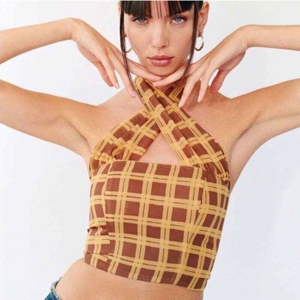 With Jean Brown and Tan Checkered Crop Top